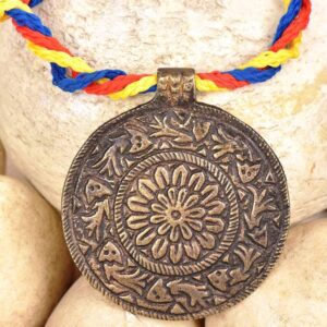 Bronze Circle Pendant with Flower Etched