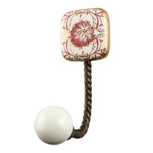 Pink Flower Square Ceramic Wall Hook in Antique Fitting