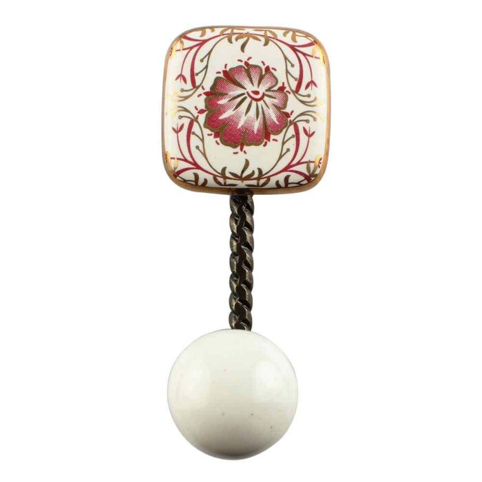 Pink Flower Square Ceramic Wall Hook in Antique Fitting