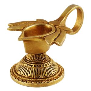 Brass Lotus Shape Oil Lamp On Stand With Handle