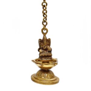 Brass Ganesha Figurine Hanging Four Wick Diya With Thick Chain