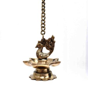 Brass Peacock 7 Wick Hanging Chain Diya